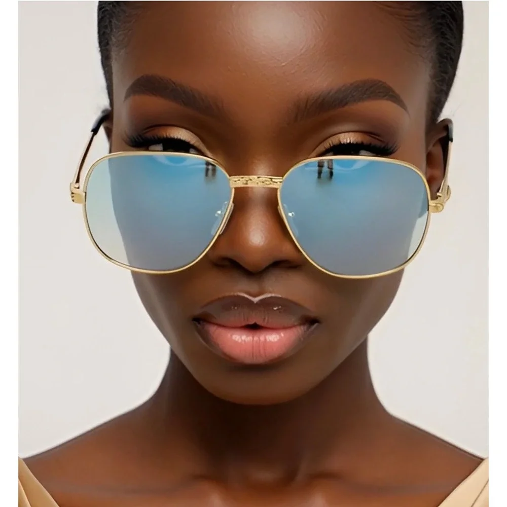 Gold Geometric‎ Sunglasses Teal Gradient Lens Metal Textured Frame Retro Women